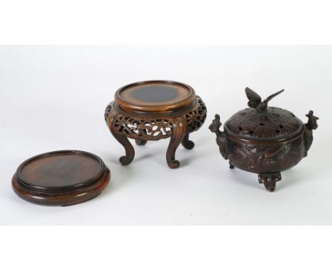 TWENTIETH CENTURY JAPANESE PATINATED BRASS TWO HANDLED KORO AND COVER, squat form with rustic handles, butterfly pattern fini
