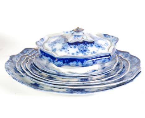 EIGHTEEN PIECE MYOTT AND SON 'SEFTON' PATTERN BLUE AND WHITE POTTERY PART DINNER SERVICE,  comprising; PAIR OF SHAPED OBLONG 