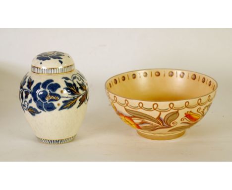 TWO PIECES OF CHARLOTTE RHEAD BURSLEY WARE TUBE LINED POTTERY, COMPRISING; FOOTED BOWL, decorated in colours with flowers on 