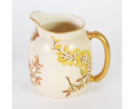 EARLY TWENTIETH CENTURY ROYAL WORCESTER BLUSH CHINA JUG, of slightly swollen form with gilt loop handle, floral painted and h