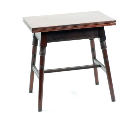 'GESHUTT', EARLY TWENTIETH CENTURY  CONTINENTAL MAHOGANY FOLD-OVER CARD TABLE, the oblong, swivel top with green baize lined 