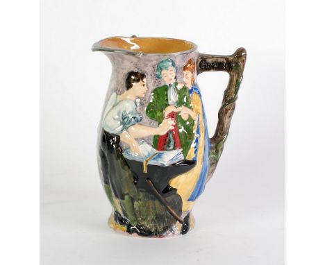 BURLEIGH WARE 'THE RUNAWAY MARRIAGE' MOULDED POTTERY JUG, of ovoid form with angular rustic scroll handle, 8 1/2" (21.6cm) hi