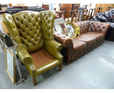 GREEN LEATHER WING BACK FIRESIDE EASY ARMCHAIR, ON SQUARE MOULDED LEGS (LACKS CUSHION) AND THREE SEATER LIGHT BROWN CHESTERFI