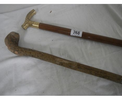 A walking stick with brass handle and one other.