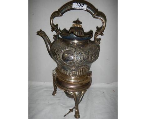 A Victorian silver plate spirit kettle, repaired.
