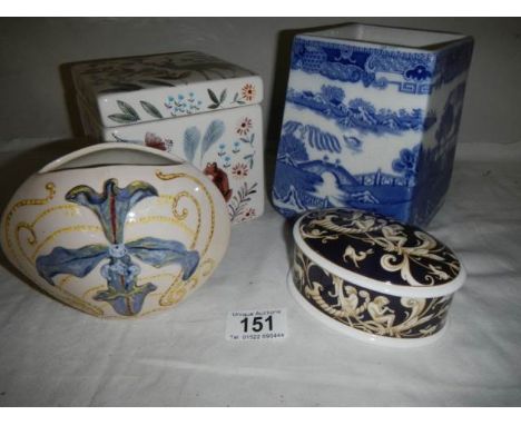 A Rington's tea caddy, Wedgwood trinket pot and two other items.