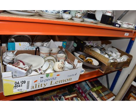 FOUR BOXES AND LOOSE MISCELLANEOUS CERAMICS, to include dinnerware and tea ware, included covered tureens, dinner plates, sid