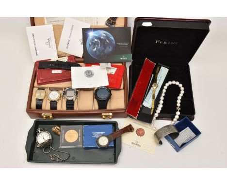 A BOX OF ASSORTED WRISTWATCHES AND OTHER ITEMS, to include a watch box with spaces for twelve watches, (two cushions are miss