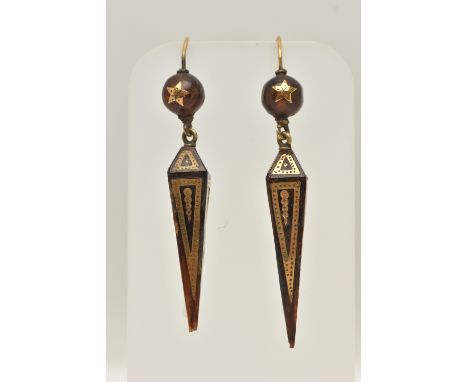 A PAIR OF 19TH CENTURY PIQUE EARRINGS, obelisk form tortoise shell drop earrings, inlaid with yellow metal, suspended from a 
