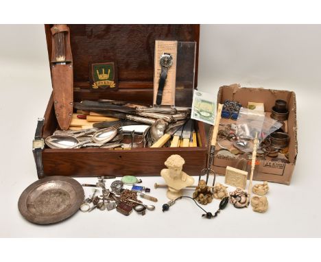 A WOODEN CANTEEN OF CUTLERY AND A BOX OF ASSORTED ITEMS, the wooden canteen filled with assorted EPNS cutlery, knives fitted 