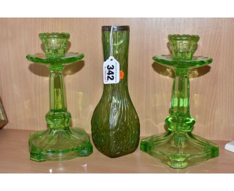 A GROUP OF GLASSWARE, comprising a Loetz iridescent textured green vase, with silver collar hallmarked Birmingham 1902 AB &am