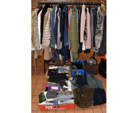 A QUANTITY OF LADIES' COATS AND ACCESSORIES, approximately forty - five to include a Barbour three quarter length raincoat, f