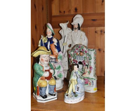 A GROUP OF FIVE NINETEENTH-CENTURY STAFFORDSHIRE FIGURES to include a flatback spill vase depicting a gentleman and his dog h
