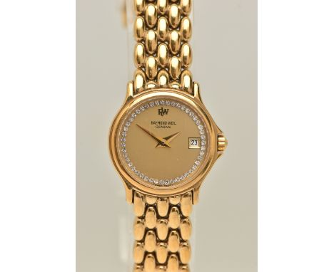 A LADIES 'RAYMOND WEIL' DIAMOND DOT WRISTWATCH, quartz movement, round gold dial signed 'Raymond Weil Geneve', diamond set di