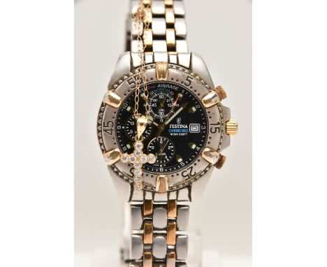 A FESTINA CHRONO BIKE WATCH AND A YELLOW METAL CUBIC ZIRCONIA CROSS PENDANT AND CHAIN, the watch with black face and three su