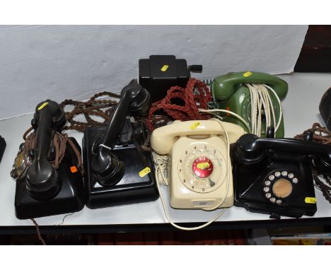 A GROUP OF VINTAGE TELEPHONES to include a black Bakelite GEC telephone (dial rotates slowly), a GPO Bakelite telephone sat o