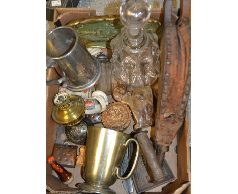 Boxes and Objects - a pair of 19th century yew and elm fire bellows; a flat iron; a Victorian glass decanter; etc 