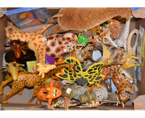 Animals - ceramic Giraffes, other plastic, brass, etc, a pair of stone candlestick etc qty.