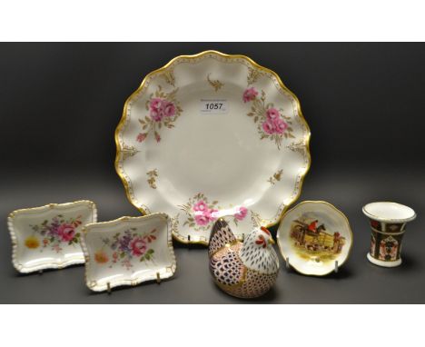 A Royal Crown Derby paperweight hen, an 1128 Imari spill vase; printed mark,silver stopper; a fluted  Pinxton Rose 27cm plate