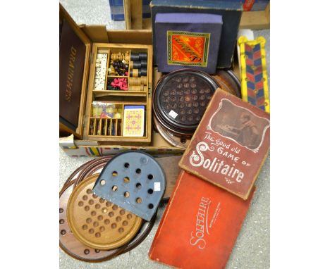 An early 20th century games compendium, rectangular pine box, comprising chess, draughts, cards, painted lead horse racing fi