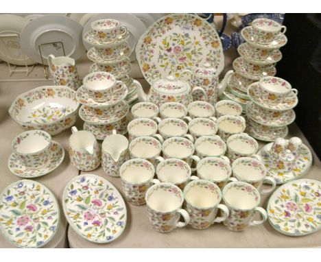 A comprehensive  Minton Haddon hall tea service comprising teapots, tea plates,side plates,tea plates, creamers,sugar bowl, c