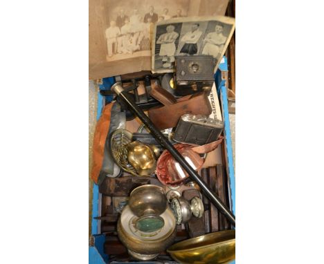 Metal ware - a black lacquered walking stick;  jelly moulds, cake tins, wood working planes, cameras etc qty