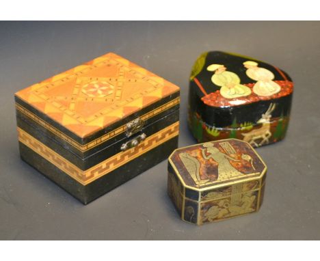A Persian lacquer box; a 19th century brass snuff box; a treen inlaid box (3)