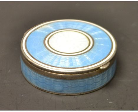 A Continental silver and guilloche enamel circular snuff box or bonbonniere, 935 standard, c.1925 
