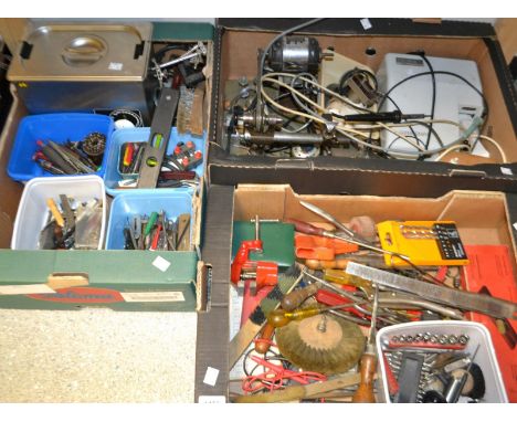 Horology - a watch maker's lathe, timing and cleaning machine, associated clock and watch maker's tools; qty (3 boxes)