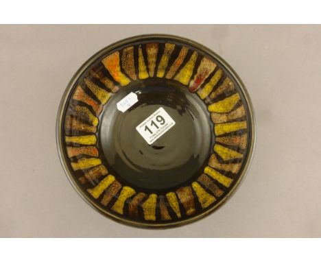 Poole Pottery footed bowl in glazed brown with earthenware colours to inner signed to base and marked number 39 