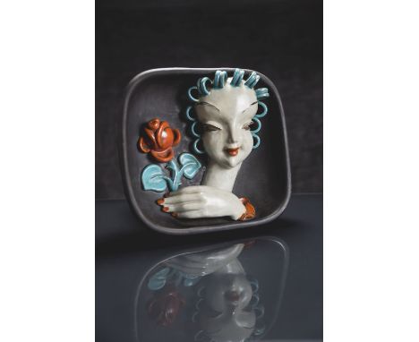 Czechoslovakian Art Deco ceramic wall plaque with lady in relief holding a rose, possibly Karl Grossl impressed Made in Czech
