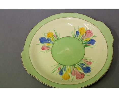 Clarice Cliff Crocus circular double handled dish, few marks but gd overall