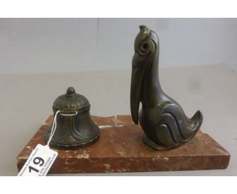 Art Deco marble based standish with bronzed pelican and inkwell