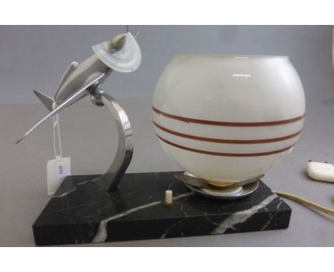 Art Deco lamp with aeroplane decoration on a marble base
