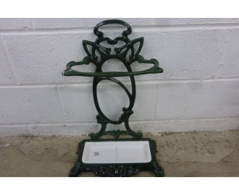 Green painted Art Nouveau style stick stand with drop in tray 