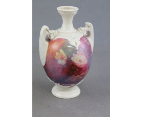 Royal Worcester hand painted twin handled vase marked 1684 and RaNo 214561 to base, 17.5cm in approx height