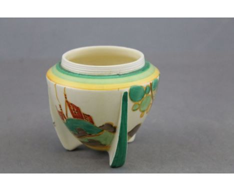 Clarice Cliff Newport Pottery pot on tripod stem feet, 7cm in diameter
