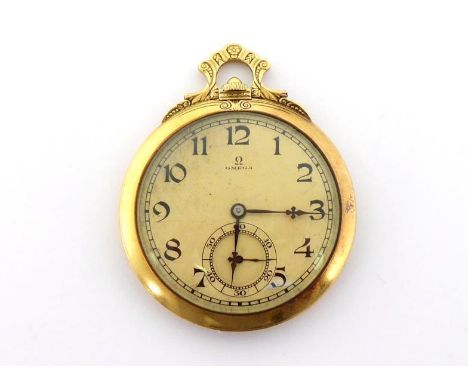 OMEGA, an 18 carat gold Art Deco keyless wind pocket watch, circa 1923, the cream dial with black Arabic numerals,  blued ste