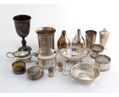 A group of silver and white metal (tests silver) items comprising:- a kiddush goblet (inscribed); a beaker stamped "800", eng