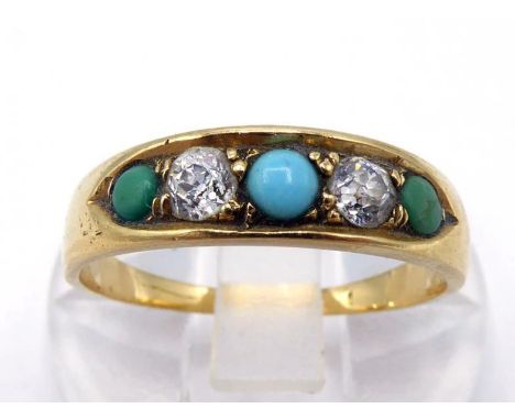 A Victorian turquoise and diamond ring, set with two old cut brilliants, small turquoise cabochons between, mounted in yellow