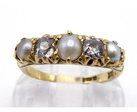 A Victorian split pearl and diamond half hoop ring, set with alternate split pearls and mine cut diamonds, the shank hallmark