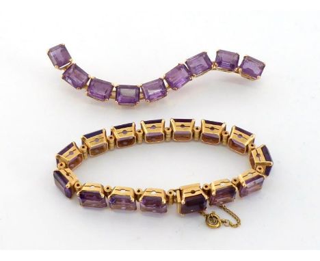 An amethyst line bracelet, set along its length with 10 x 8mm emerald cut amethysts, to a concealed box snap clasp, stamped '