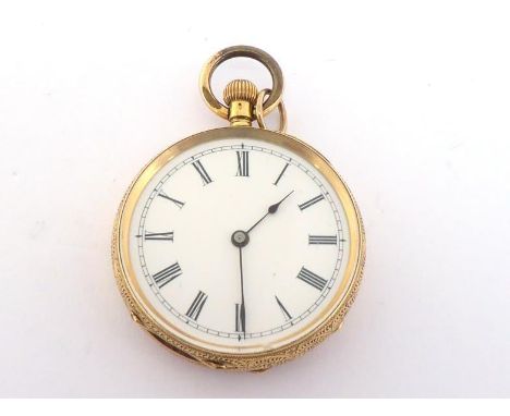 A late Victorian 18 carat gold open faced fob watch, the four piece case foliate engraved  to the band and back, a presentati
