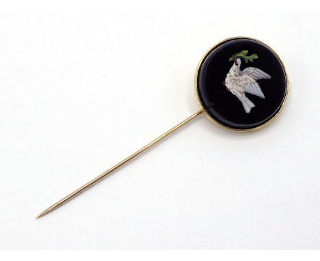 A 19th century micromosaic stick pin, the circular head depicting the Dove of Peace, 20mm diameter, stamped '18ct' verso, 7.6