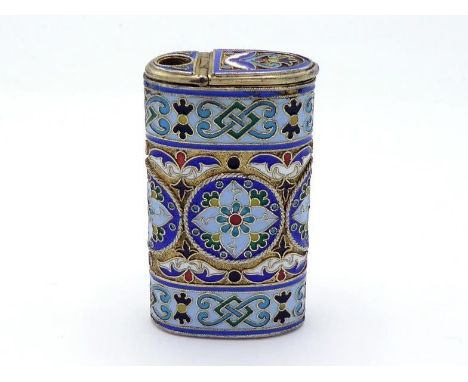 A good Russian silver-gilt and polychrome cloisonne enamel vesta case by Pavel Ovchinnikov, "88" standard, Moscow, 1880, rect