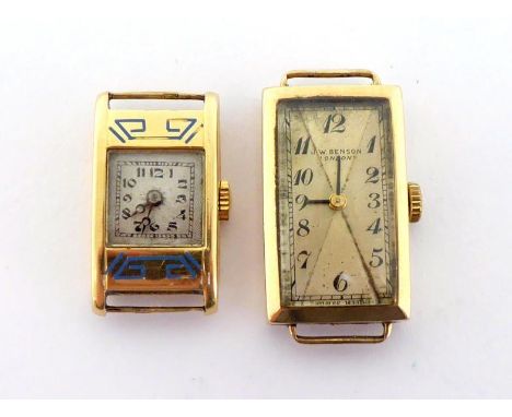 An Art Deco lady's 18 carat gold and enamel manual wind watch, the silvered dial with black numerals and Breguet hands, with 