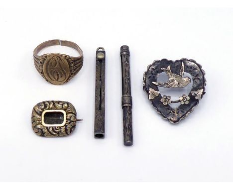 A mixed lot of 19th century items, including a silver Sweetheart brooch, two white metal retractable toothpicks, a gilt mourn