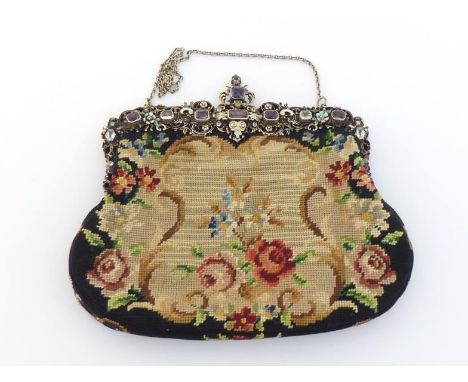 A Continental silver-gilt mounted embroidery evening bag, probably Italian, with English sponsor's and import marks for Georg