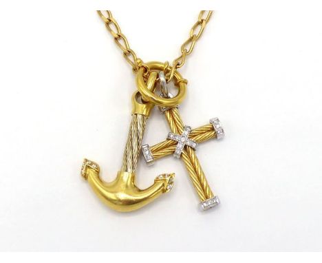 A Portuguese gold and diamond double pendant and chain, the anchor and cross pendants each pave set with small brilliants and