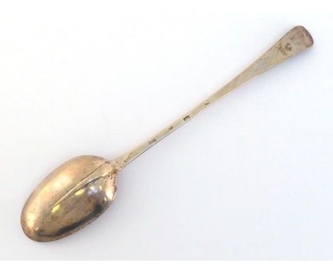 A George I silver rat-tail basting spoon by William Street, London, 1716, engraved with crest of a cockerel atop a bugle and 